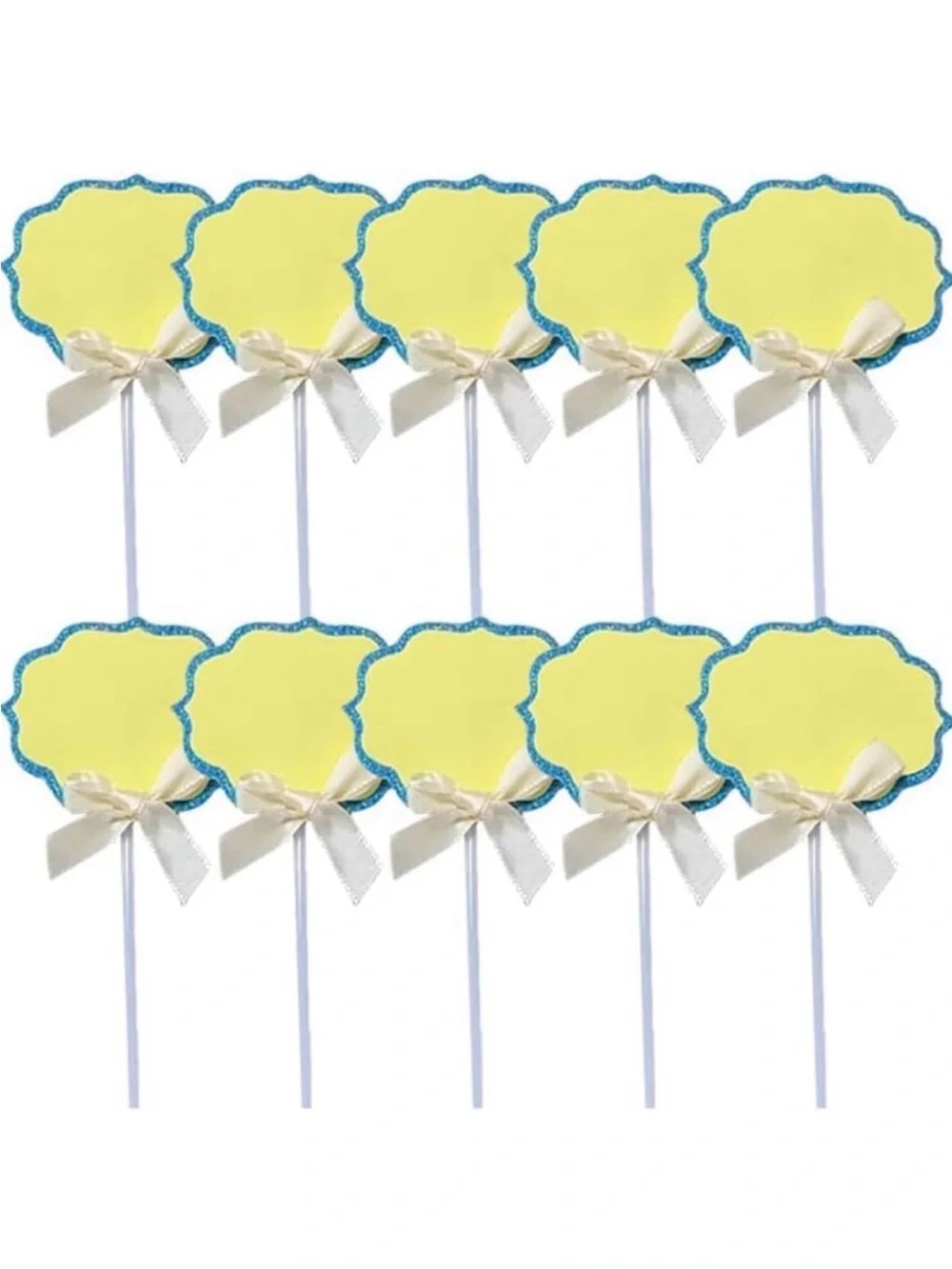 💞 New Pack of 10 Yellow & Blue Glitter Buffet Food Label Cupcake Toppers
